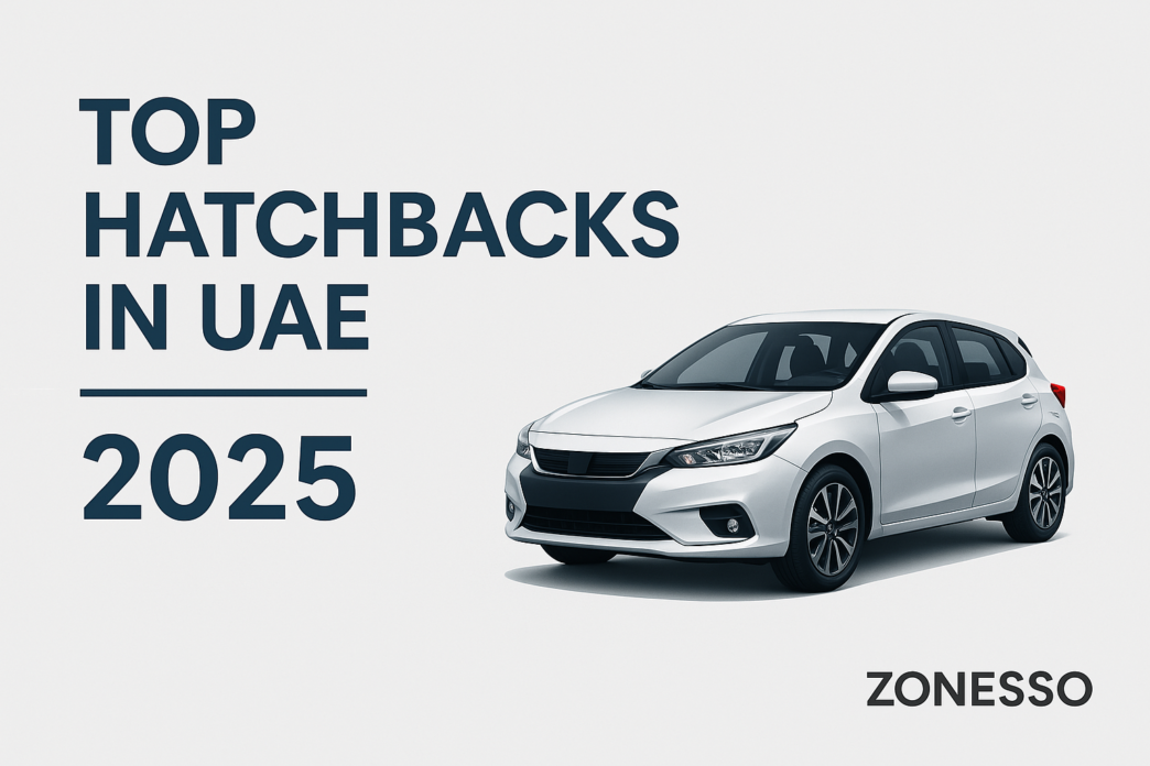 Realistic banner showing hatchback cars in Dubai with text "Top Hatchbacks in UAE 2025"
