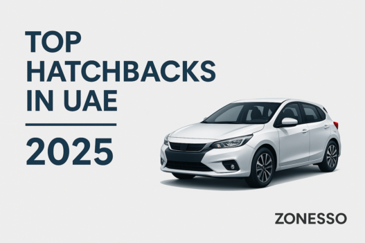 Realistic banner showing hatchback cars in Dubai with text "Top Hatchbacks in UAE 2025"