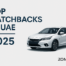 Realistic banner showing hatchback cars in Dubai with text "Top Hatchbacks in UAE 2025"