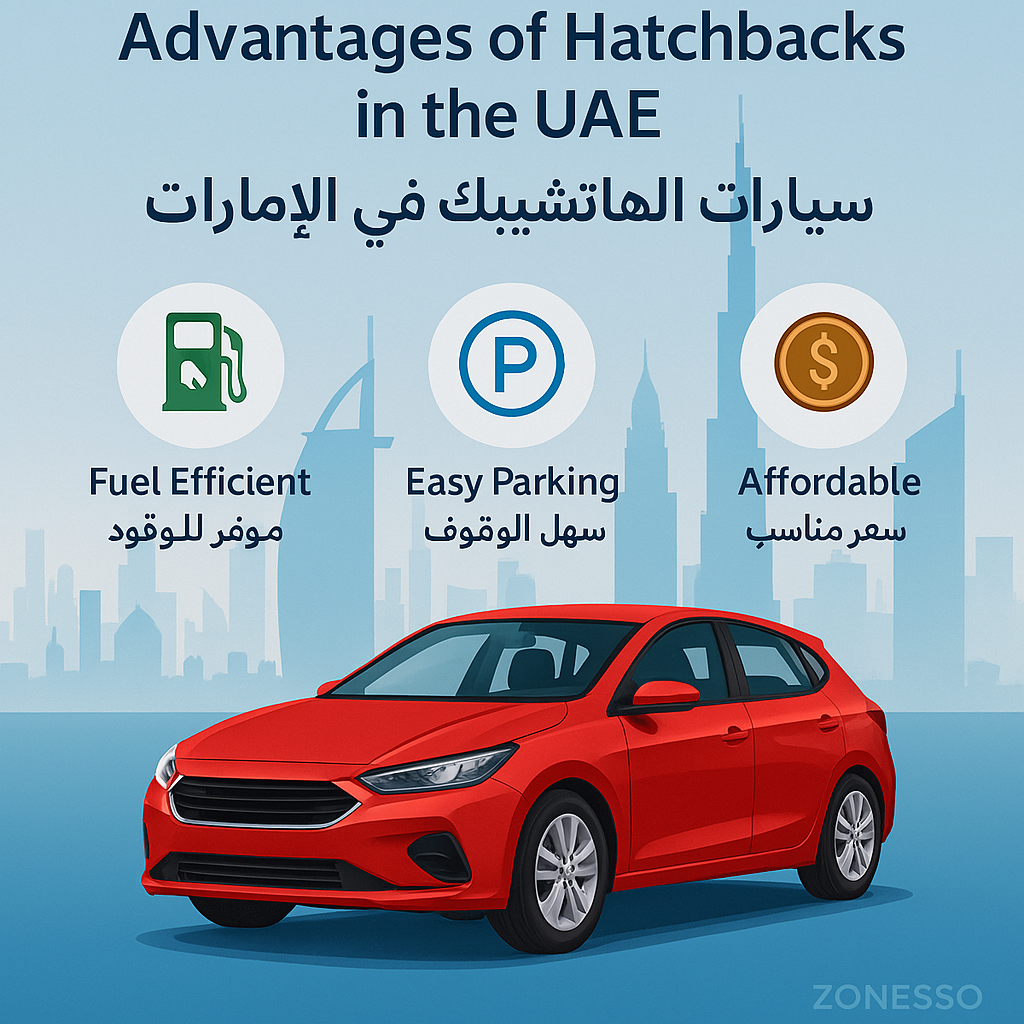 Infographic showing hatchback car benefits like fuel efficiency, parking ease, and affordability in UAE