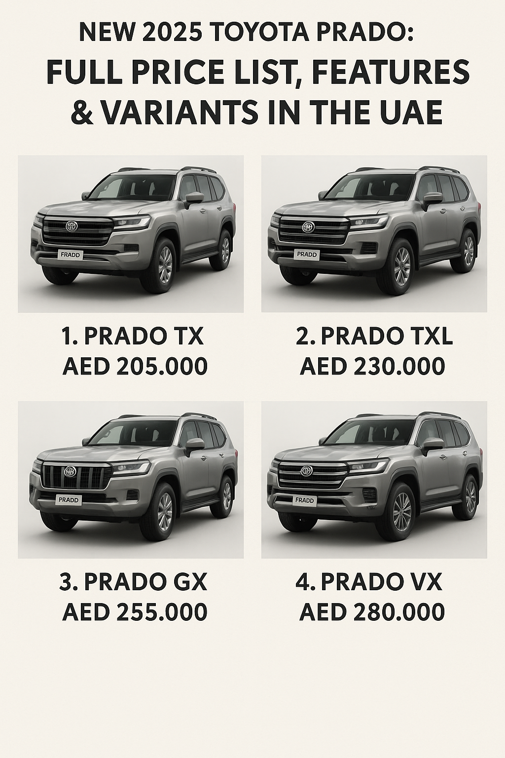 New 2025 Toyota Prado full variant lineup with prices in UAE: TX, TXL, GX, and VX models displayed side by side.