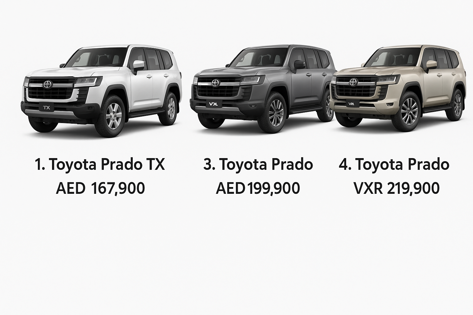 New 2025 Toyota Prado full variant lineup with prices in UAE: TX, TXL, GX, and VX