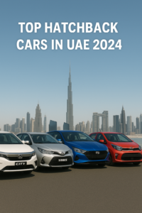 Top hatchbacks in Dubai 2024 parked under purple sky with iconic skyline