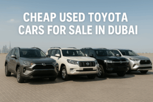 A variety of cheap used Toyota cars parked in Dubai, showcasing affordable and reliable Toyota models for sale in UAE