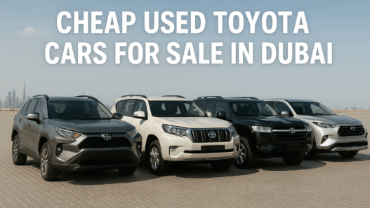A variety of cheap used Toyota cars parked in Dubai, showcasing affordable and reliable Toyota models for sale in UAE